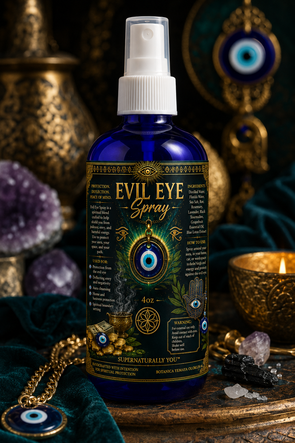 Evil Eye Protection Spray | Aura Cleansing Mist | Spiritual Protection Spray | Energy Cleansing | Home Blessing Spray | Hoodoo Spray | 4oz | Botanica Yemaya Olokun