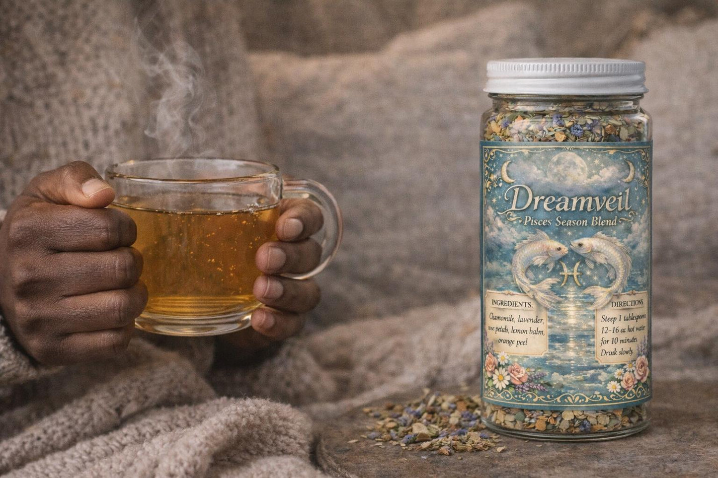 Dreamveil – Pisces Season Tea | Zodiac Herbal Tea for Intuition, Emotional Calm & Rest | Pisces Gift | Loose Leaf Ritual Tea | 4oz Jar