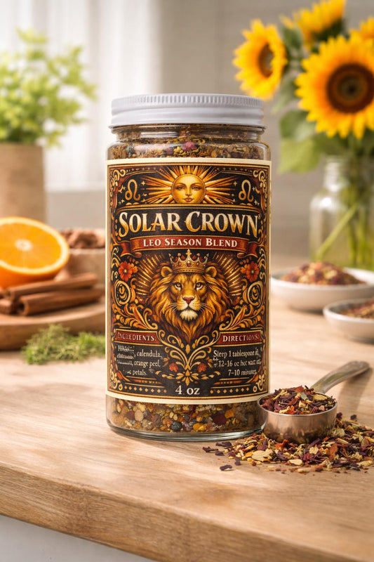 Solar Crown – Leo Season Tea | Zodiac Herbal Tea for Confidence, Vitality & Self-Expression | Leo Gift | Loose Leaf Ritual Tea | 4oz Jar
