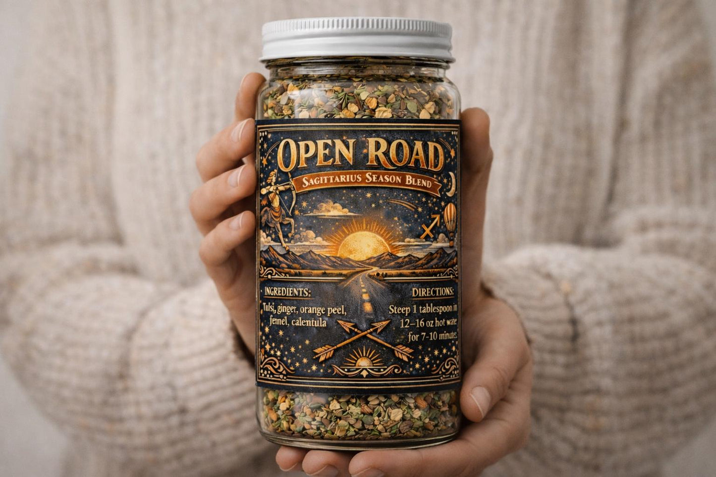 Open Road – Sagittarius Season Tea | Zodiac Herbal Tea for Adventure, Optimism & Grounded Energy | Loose Leaf Ritual Tea | 4oz Glass Jar