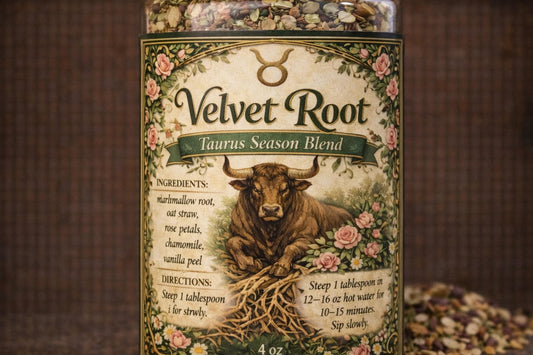 Velvet Root – Taurus Season Tea | Zodiac Herbal Tea for Grounding, Comfort & Abundance | Taurus Gift | Loose Leaf Ritual Tea | 4oz Jar