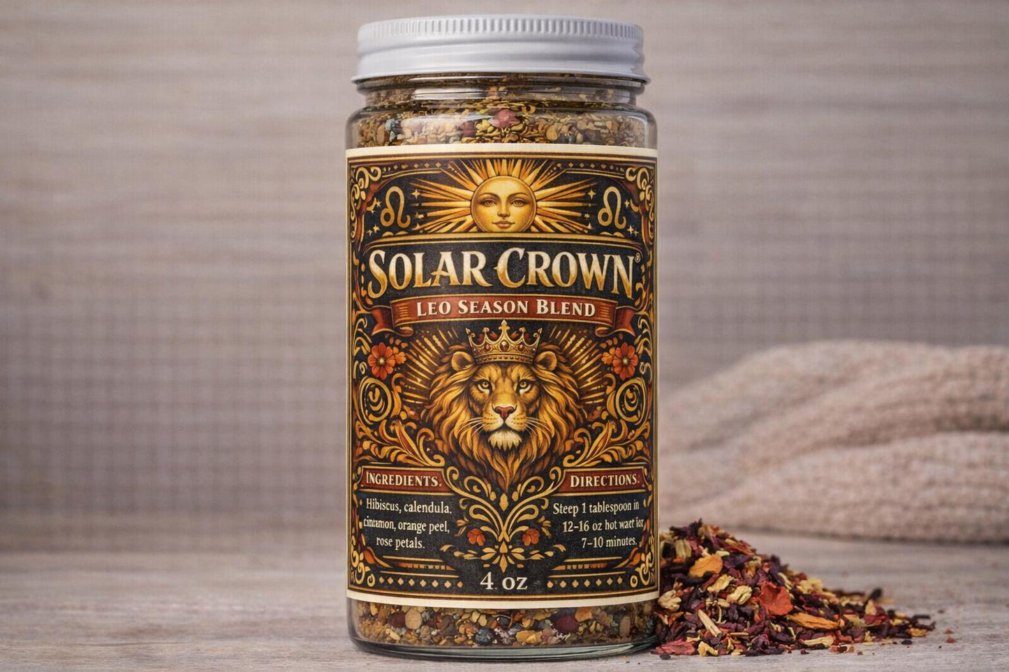 Solar Crown – Leo Season Tea | Zodiac Herbal Tea for Confidence, Vitality & Self-Expression | Leo Gift | Loose Leaf Ritual Tea | 4oz Jar