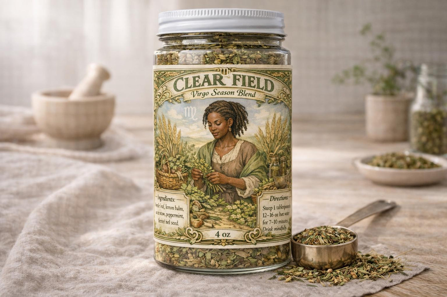 Clear Field – Virgo Season Tea | Zodiac Herbal Tea for Grounding, Clarity & Focus | Virgo Gift | Loose Leaf Ritual Tea | 4oz Jar