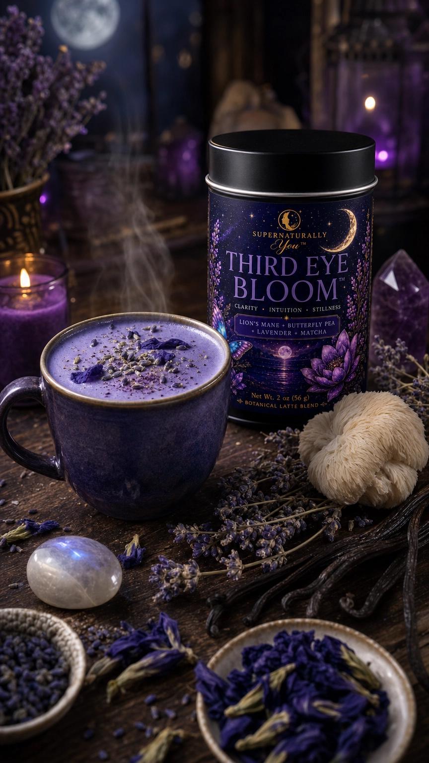 Third Eye Bloom | Supernaturally You | Blue Lotus Lions Mane Matcha | Focus Intuition | Botanical Latte | Spiritual Wellness Tea