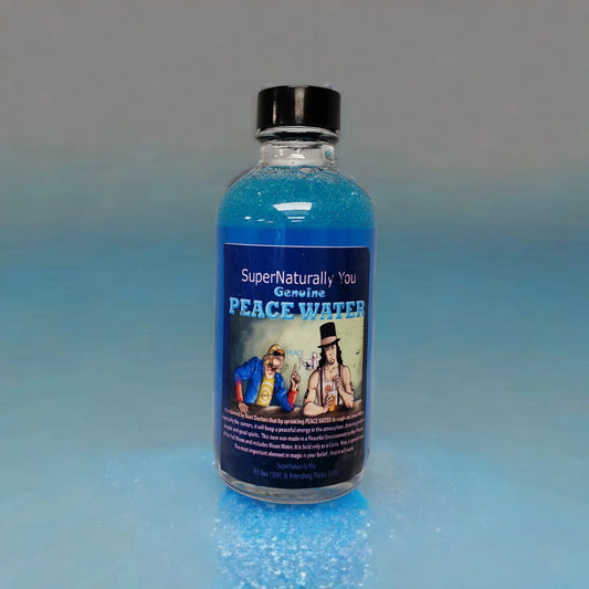 A bottle labeled 'Peace Water' with blue liquid visible inside, on a reflective surface with a label that includes an illustration of two individuals and text describing the product as handcrafted for bringing peace and calm.