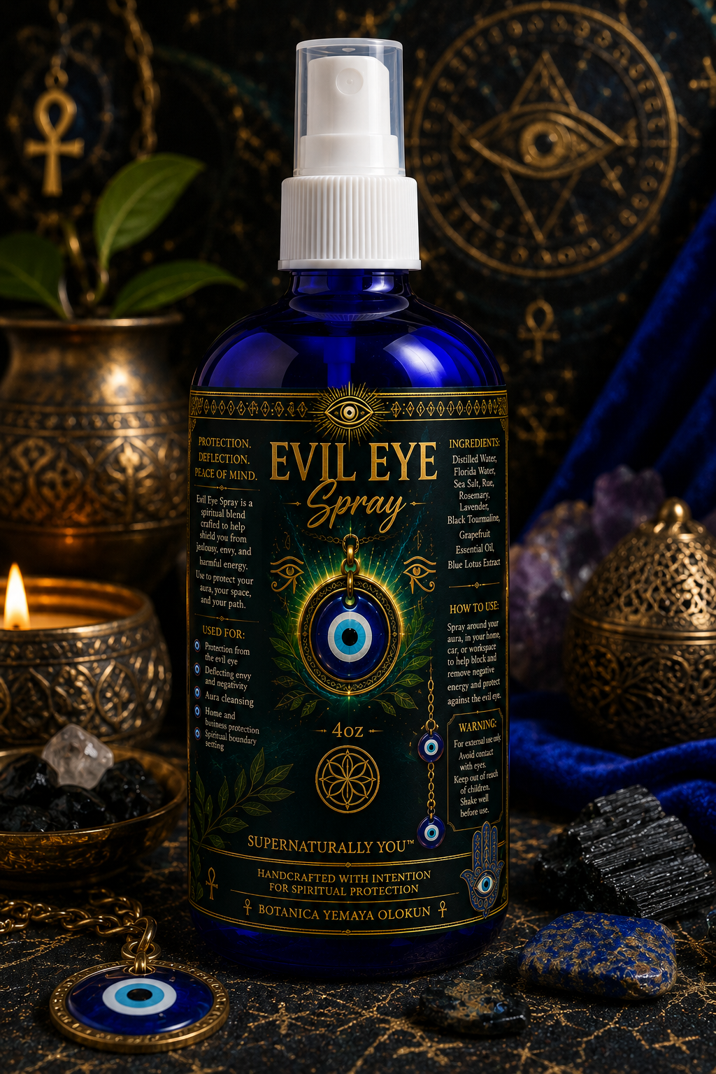 Evil Eye Protection Spray | Aura Cleansing Mist | Spiritual Protection Spray | Energy Cleansing | Home Blessing Spray | Hoodoo Spray | 4oz | Botanica Yemaya Olokun
