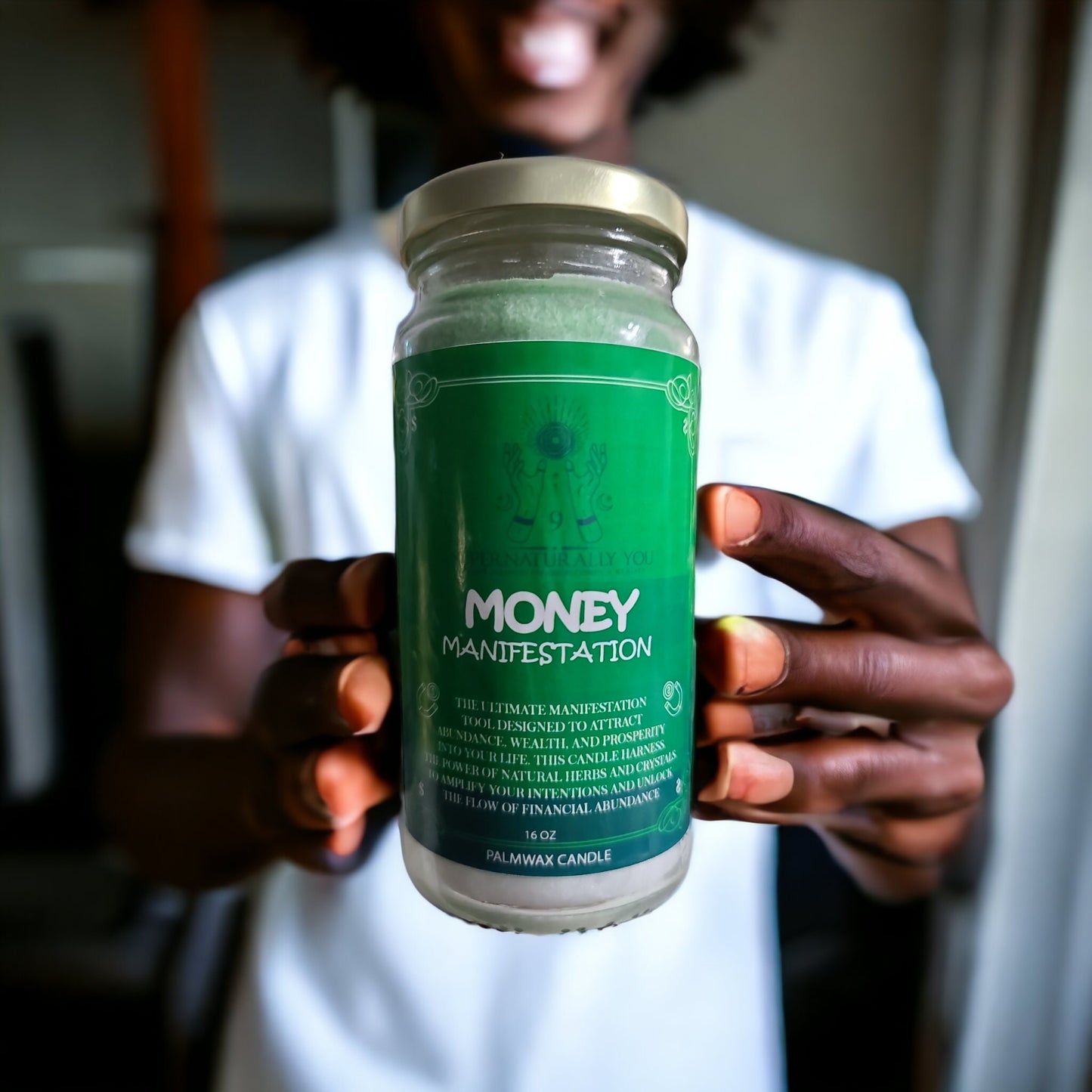 Money Manifestation Masterpiece - A Luxurious Palm Wax Candle Infused with Herbs and Crystals, Scented with the Aroma of Prosperity, Money.