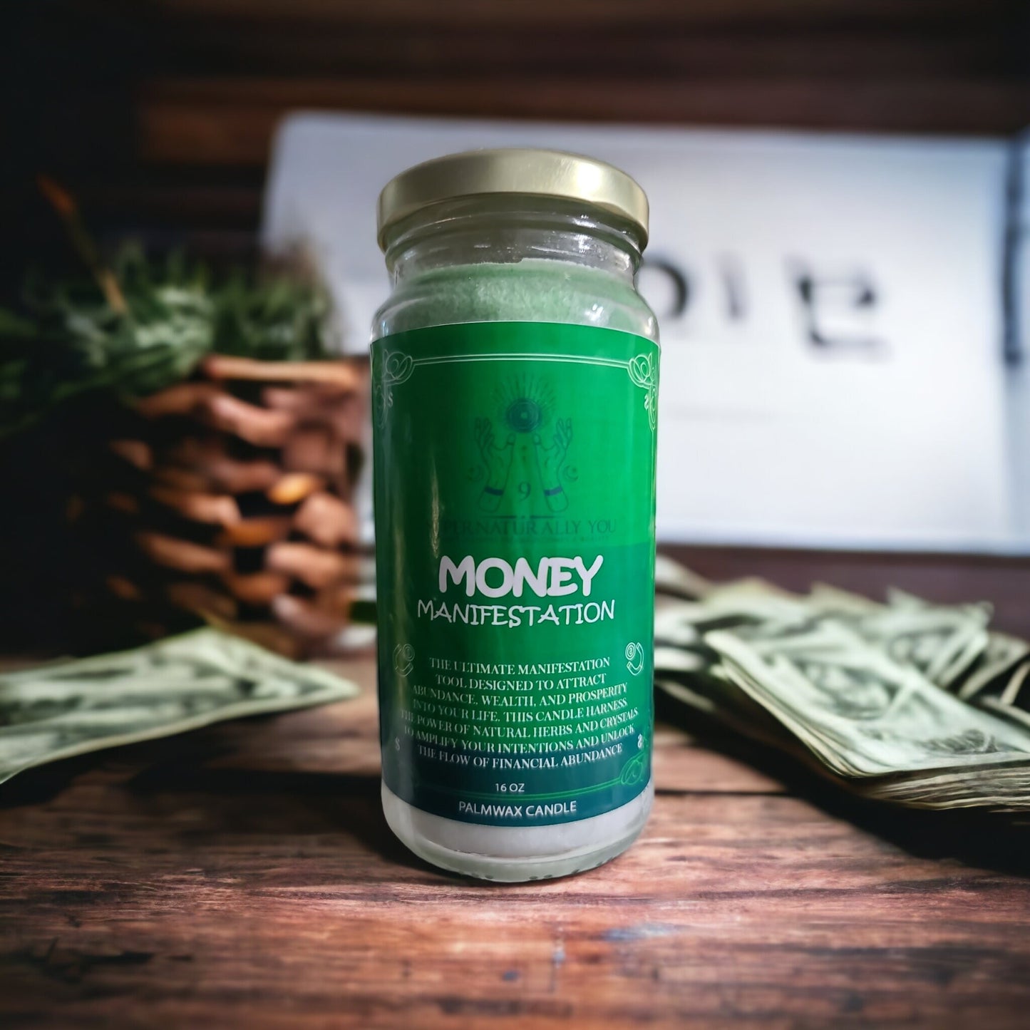 Money Manifestation Masterpiece - A Luxurious Palm Wax Candle Infused with Herbs and Crystals, Scented with the Aroma of Prosperity, Money.