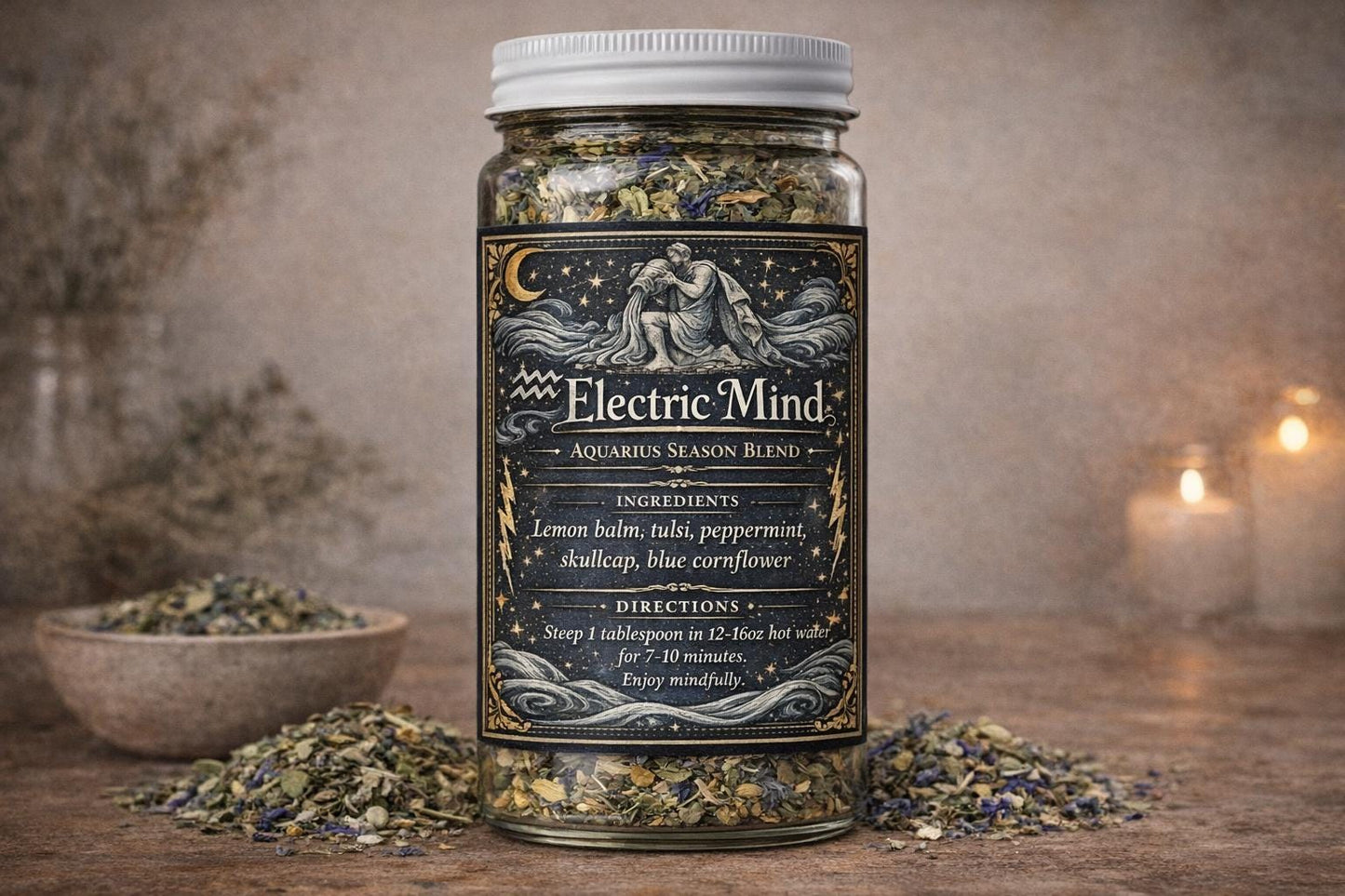 Electric Mind – Aquarius Season Tea | Zodiac Herbal Tea for Clarity, Calm & Creative Energy | Aquarius Gift | Loose Leaf Ritual Tea | 4oz