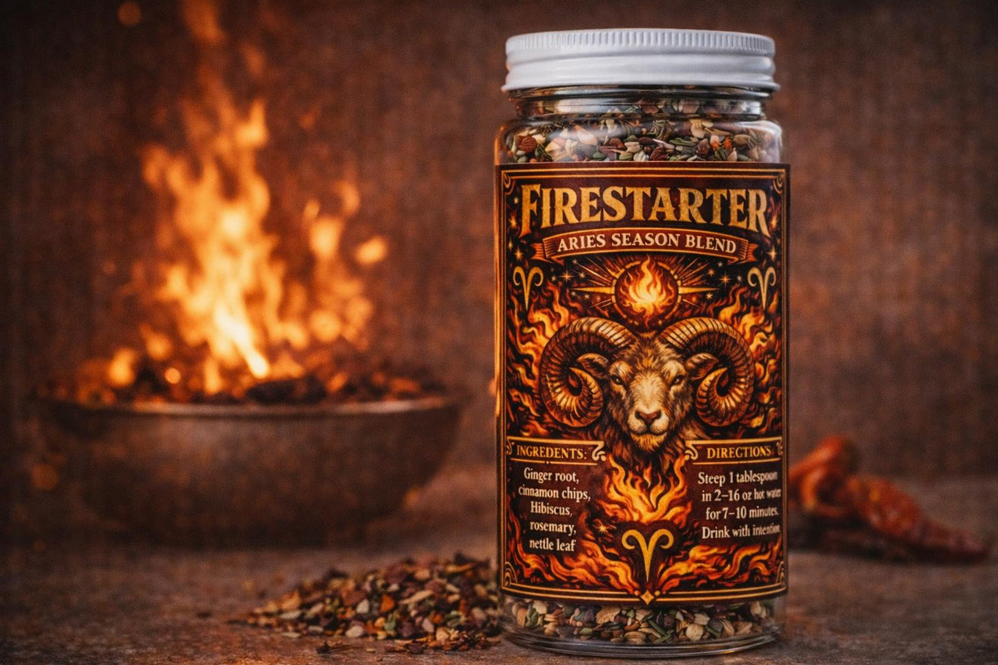 Firestarter – Aries Season Tea | Zodiac Herbal Tea for Motivation, Confidence & Energy | Aries Gift | Loose Leaf Ritual Tea | 4oz Jar