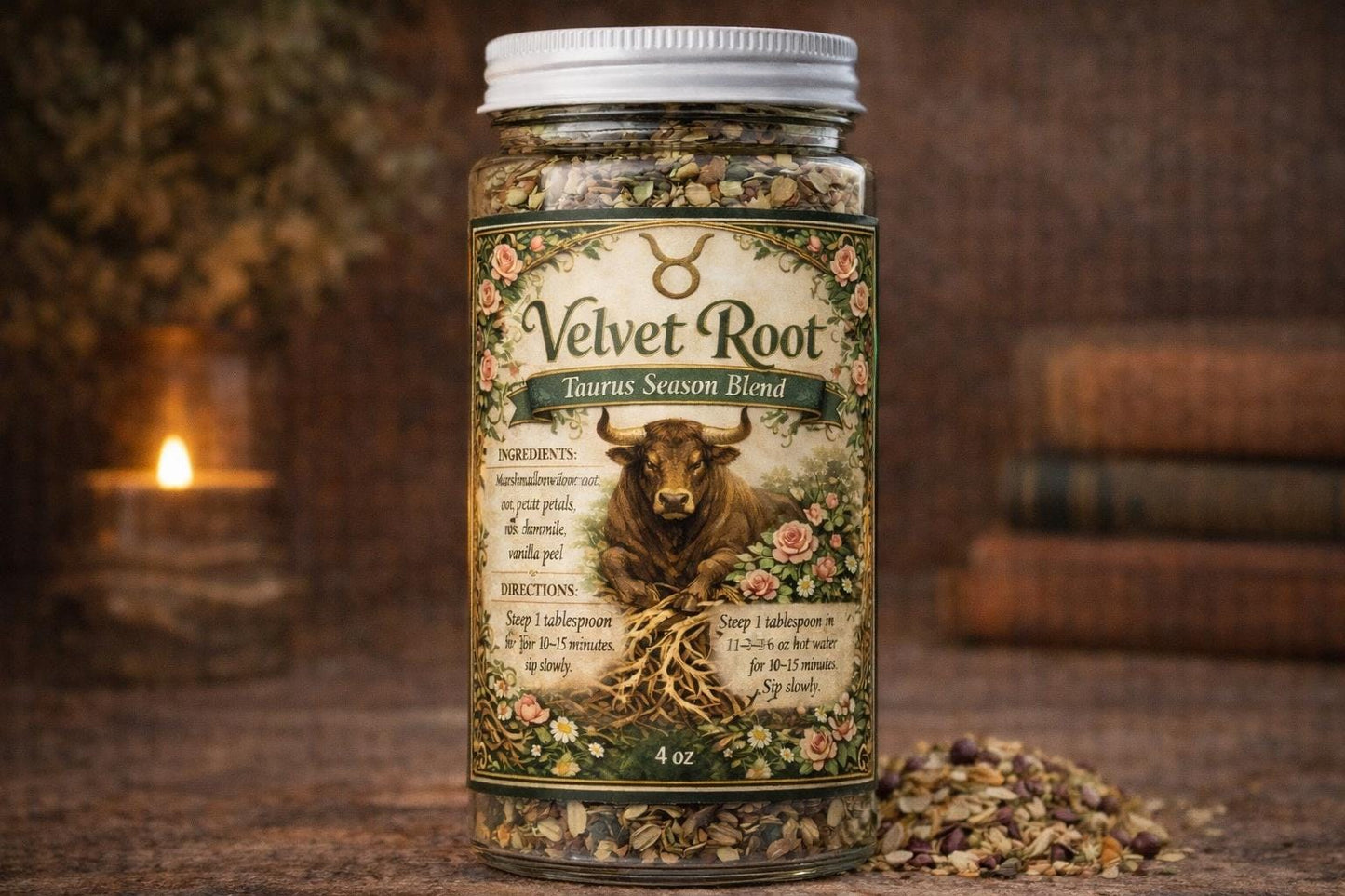Velvet Root – Taurus Season Tea | Zodiac Herbal Tea for Grounding, Comfort & Abundance | Taurus Gift | Loose Leaf Ritual Tea | 4oz Jar