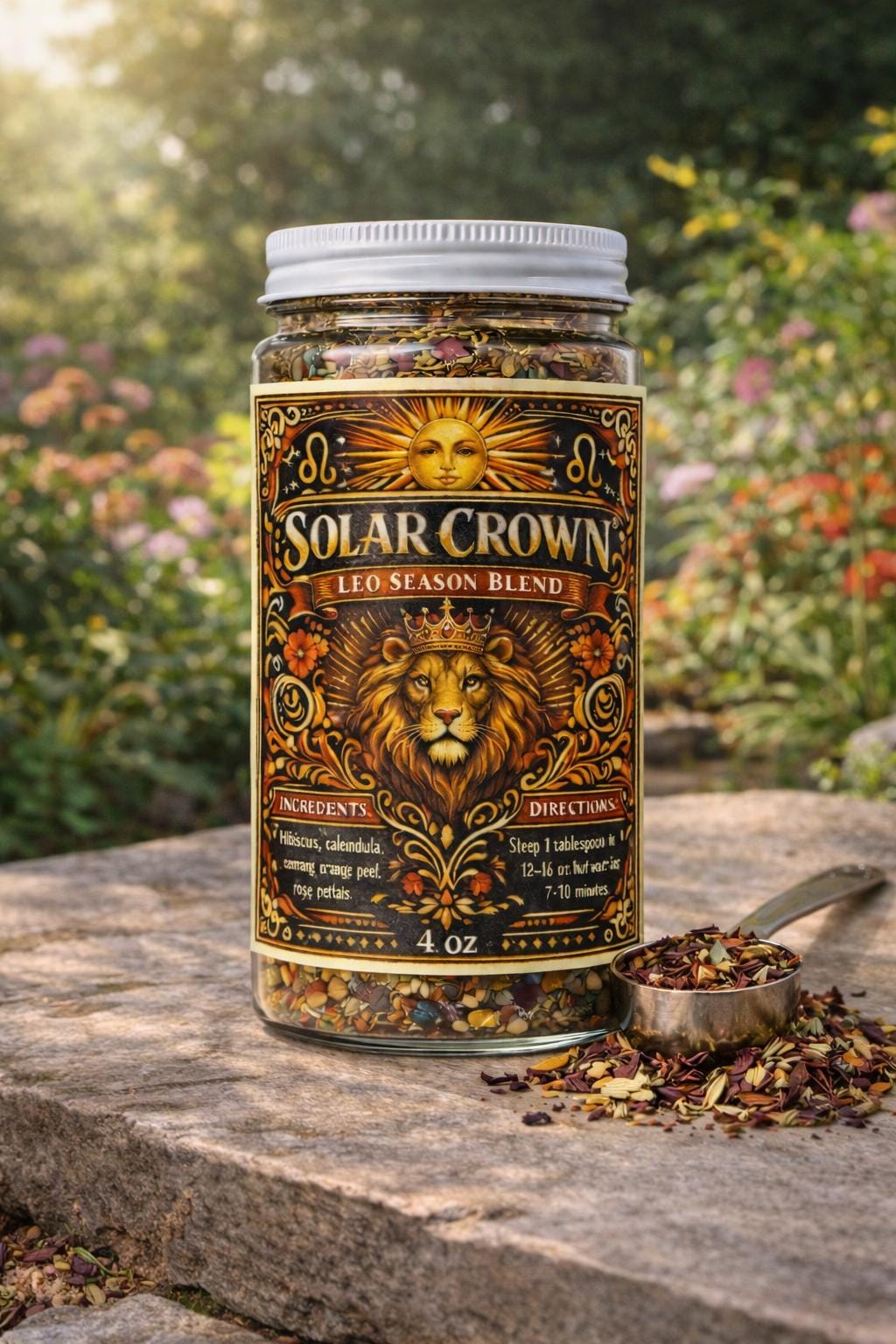 Solar Crown – Leo Season Tea | Zodiac Herbal Tea for Confidence, Vitality & Self-Expression | Leo Gift | Loose Leaf Ritual Tea | 4oz Jar