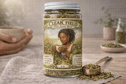 Clear Field – Virgo Season Tea | Zodiac Herbal Tea for Grounding, Clarity & Focus | Virgo Gift | Loose Leaf Ritual Tea | 4oz Jar