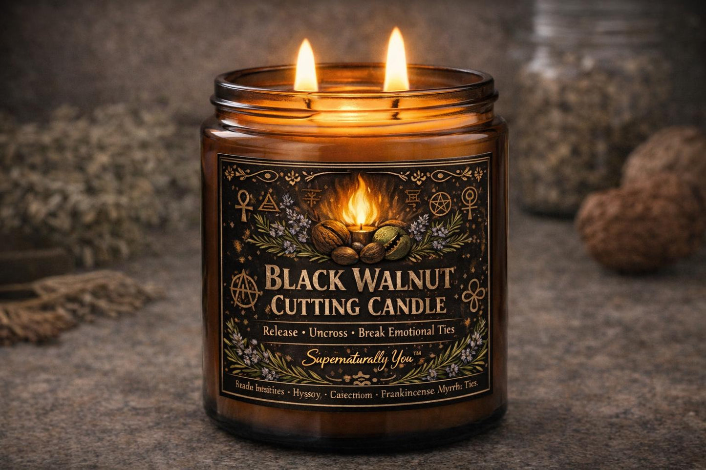 Black Walnut Cutting Candle – Release & Uncross Ritual Candle | Break Emotional Ties | Hyssop Rosemary Frankincense | 4oz 8oz Soy Candle