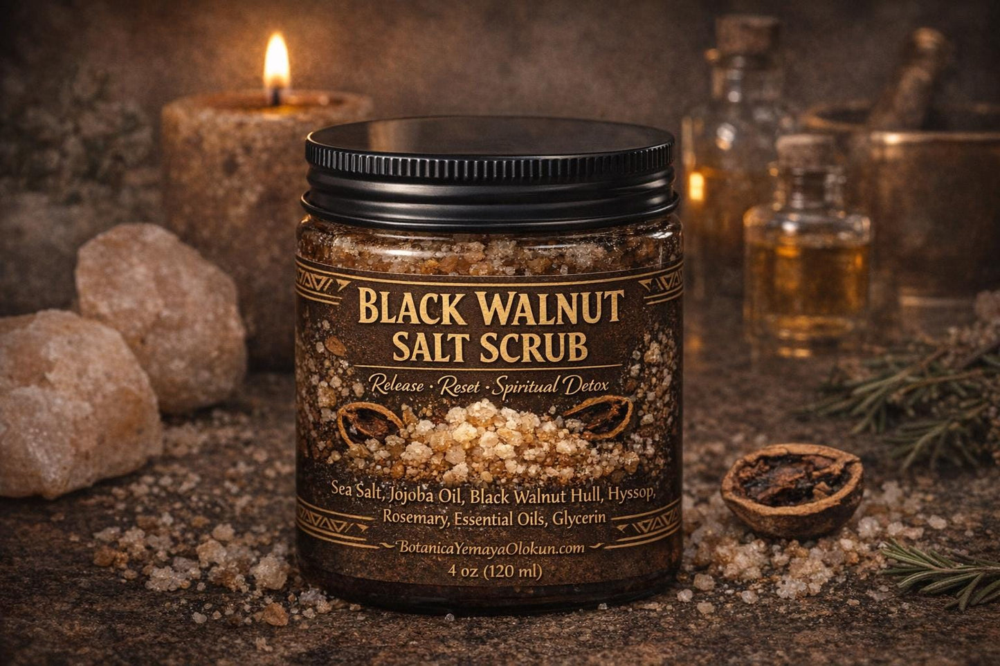Black Walnut Salt Scrub – Uncrossing Body Scrub | Release Ritual Bath Scrub | Aura Cleansing Detox | 8oz 16oz