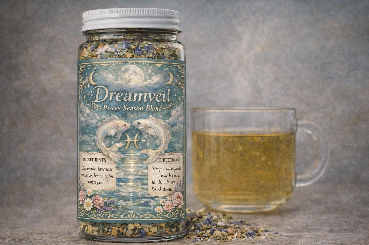 Dreamveil – Pisces Season Tea | Zodiac Herbal Tea for Intuition, Emotional Calm & Rest | Pisces Gift | Loose Leaf Ritual Tea | 4oz Jar