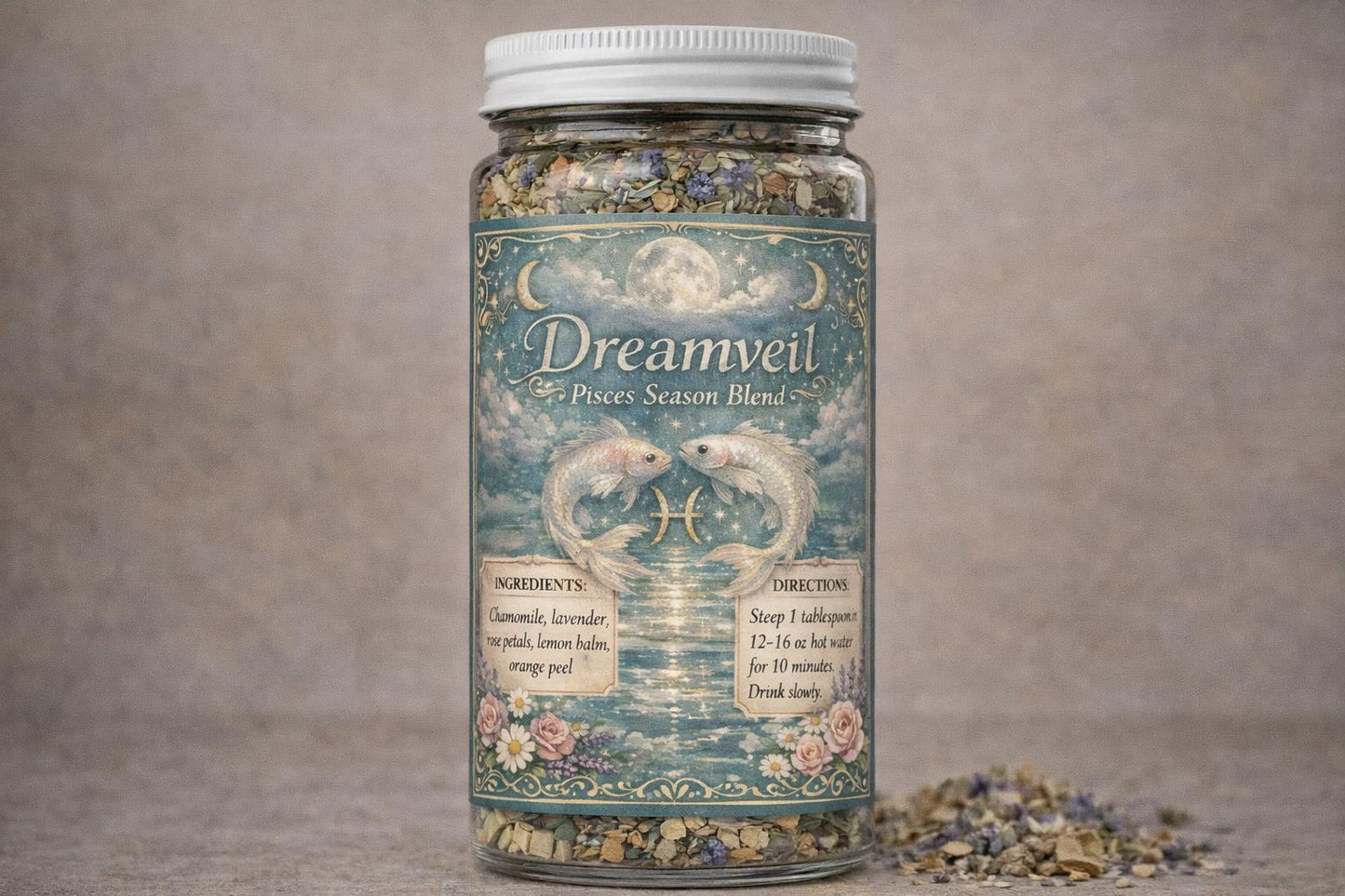 Dreamveil – Pisces Season Tea | Zodiac Herbal Tea for Intuition, Emotional Calm & Rest | Pisces Gift | Loose Leaf Ritual Tea | 4oz Jar