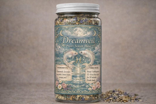 Dreamveil – Pisces Season Tea | Zodiac Herbal Tea for Intuition, Emotional Calm & Rest | Pisces Gift | Loose Leaf Ritual Tea | 4oz Jar