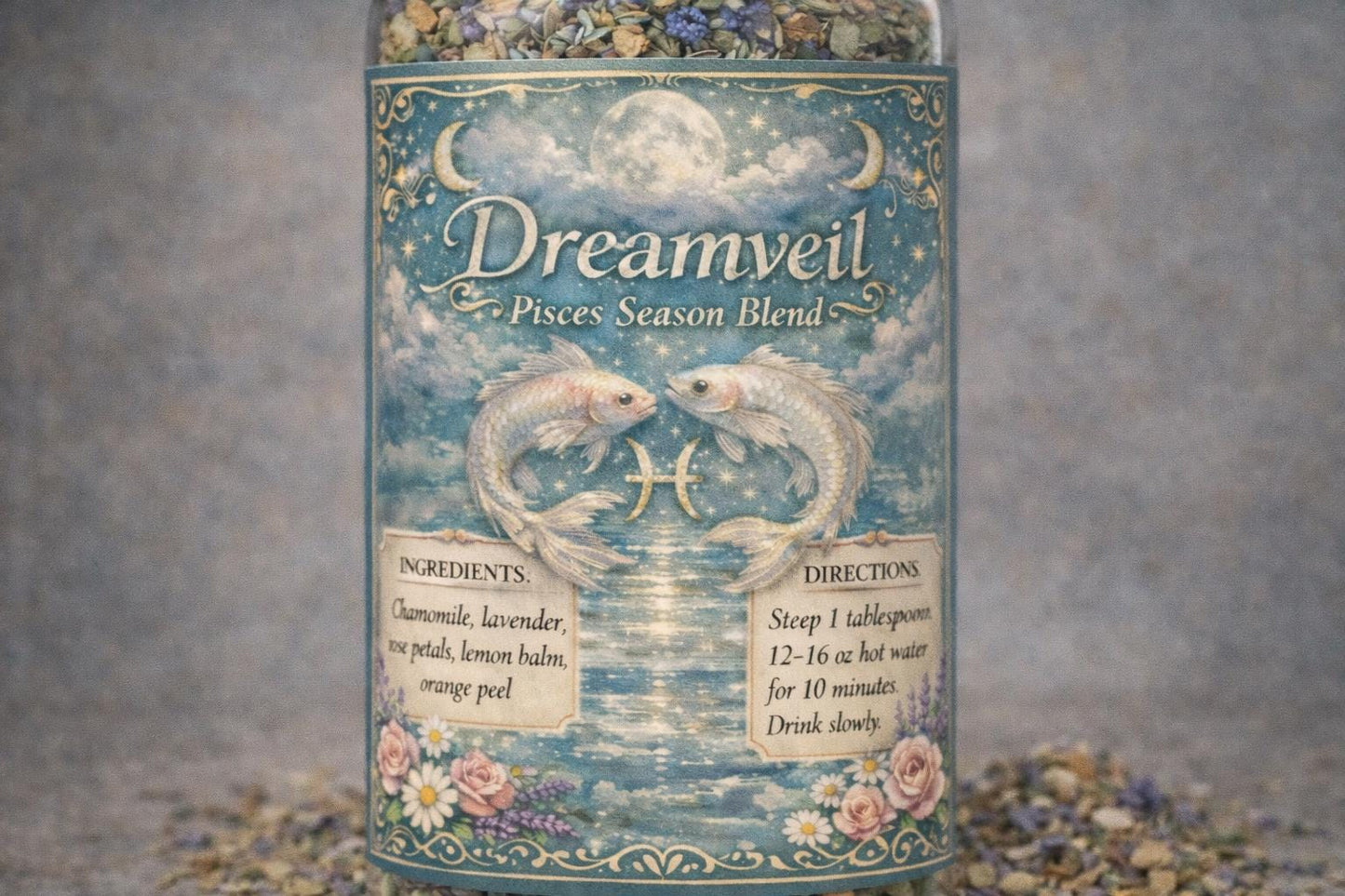 Dreamveil – Pisces Season Tea | Zodiac Herbal Tea for Intuition, Emotional Calm & Rest | Pisces Gift | Loose Leaf Ritual Tea | 4oz Jar