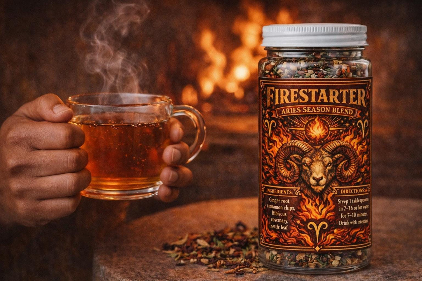 Firestarter – Aries Season Tea | Zodiac Herbal Tea for Motivation, Confidence & Energy | Aries Gift | Loose Leaf Ritual Tea | 4oz Jar
