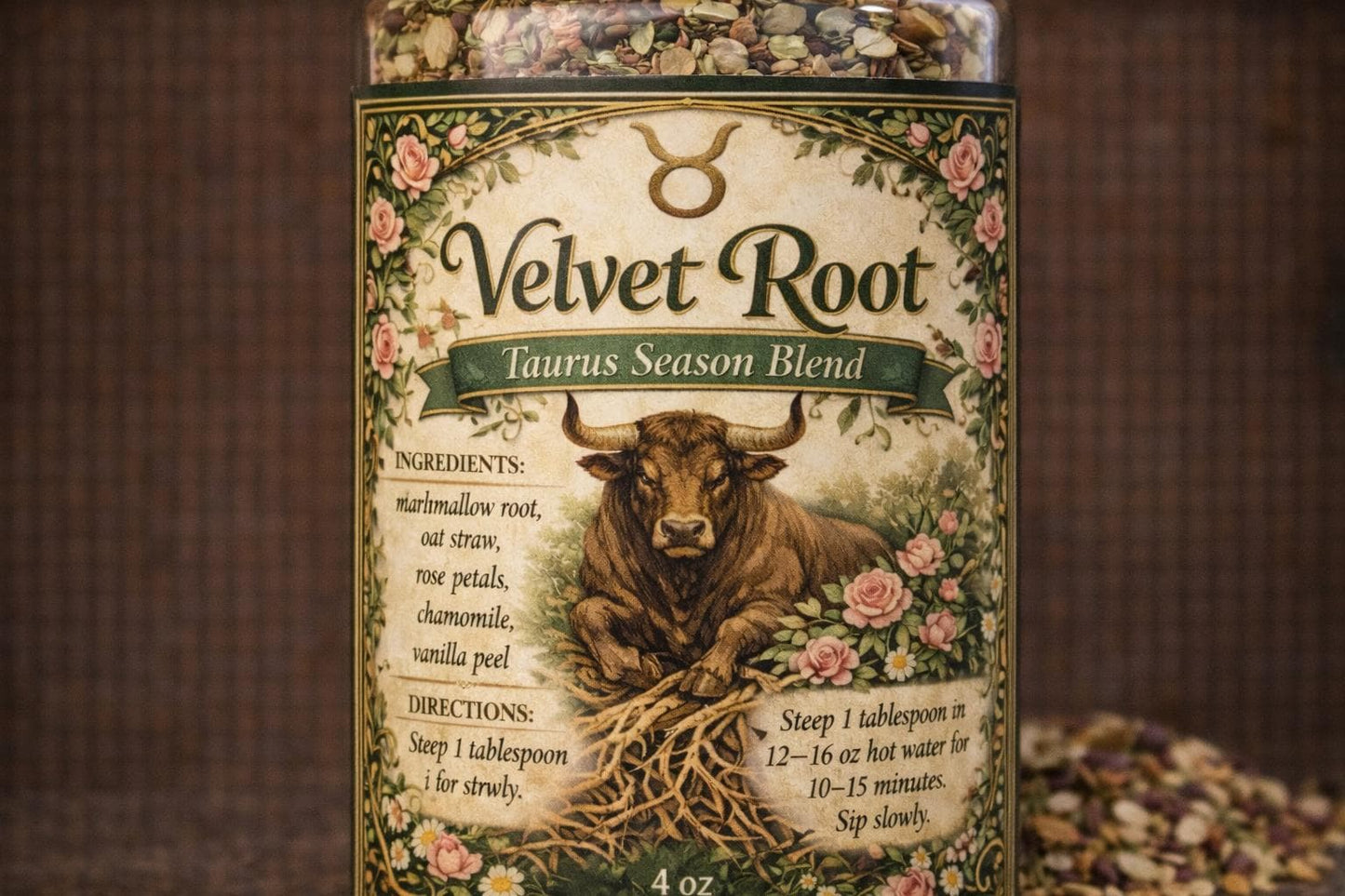 Velvet Root – Taurus Season Tea | Zodiac Herbal Tea for Grounding, Comfort & Abundance | Taurus Gift | Loose Leaf Ritual Tea | 4oz Jar