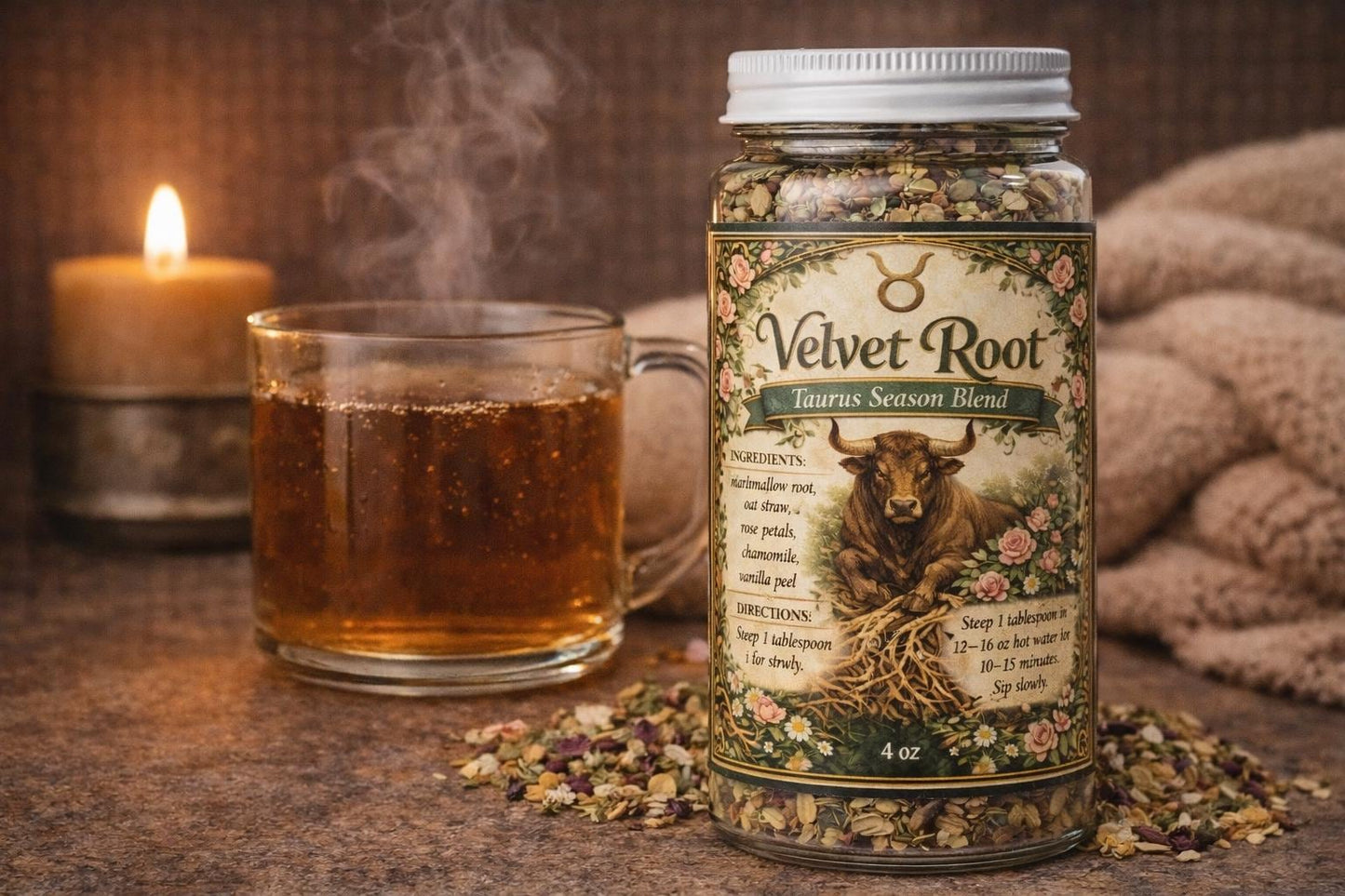 Velvet Root – Taurus Season Tea | Zodiac Herbal Tea for Grounding, Comfort & Abundance | Taurus Gift | Loose Leaf Ritual Tea | 4oz Jar
