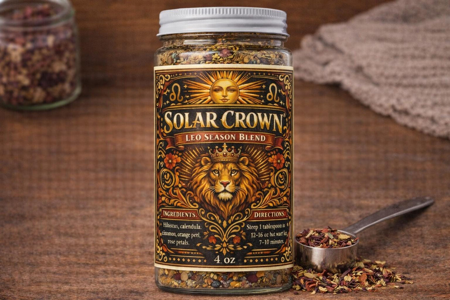 Solar Crown – Leo Season Tea | Zodiac Herbal Tea for Confidence, Vitality & Self-Expression | Leo Gift | Loose Leaf Ritual Tea | 4oz Jar