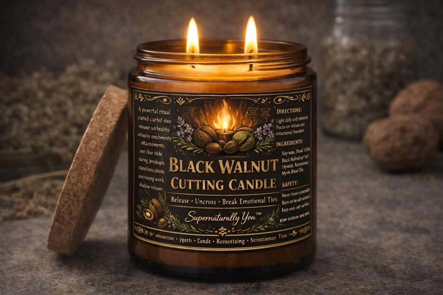 Black Walnut Cutting Candle – Release & Uncross Ritual Candle | Break Emotional Ties | Hyssop Rosemary Frankincense | 4oz 8oz Soy Candle
