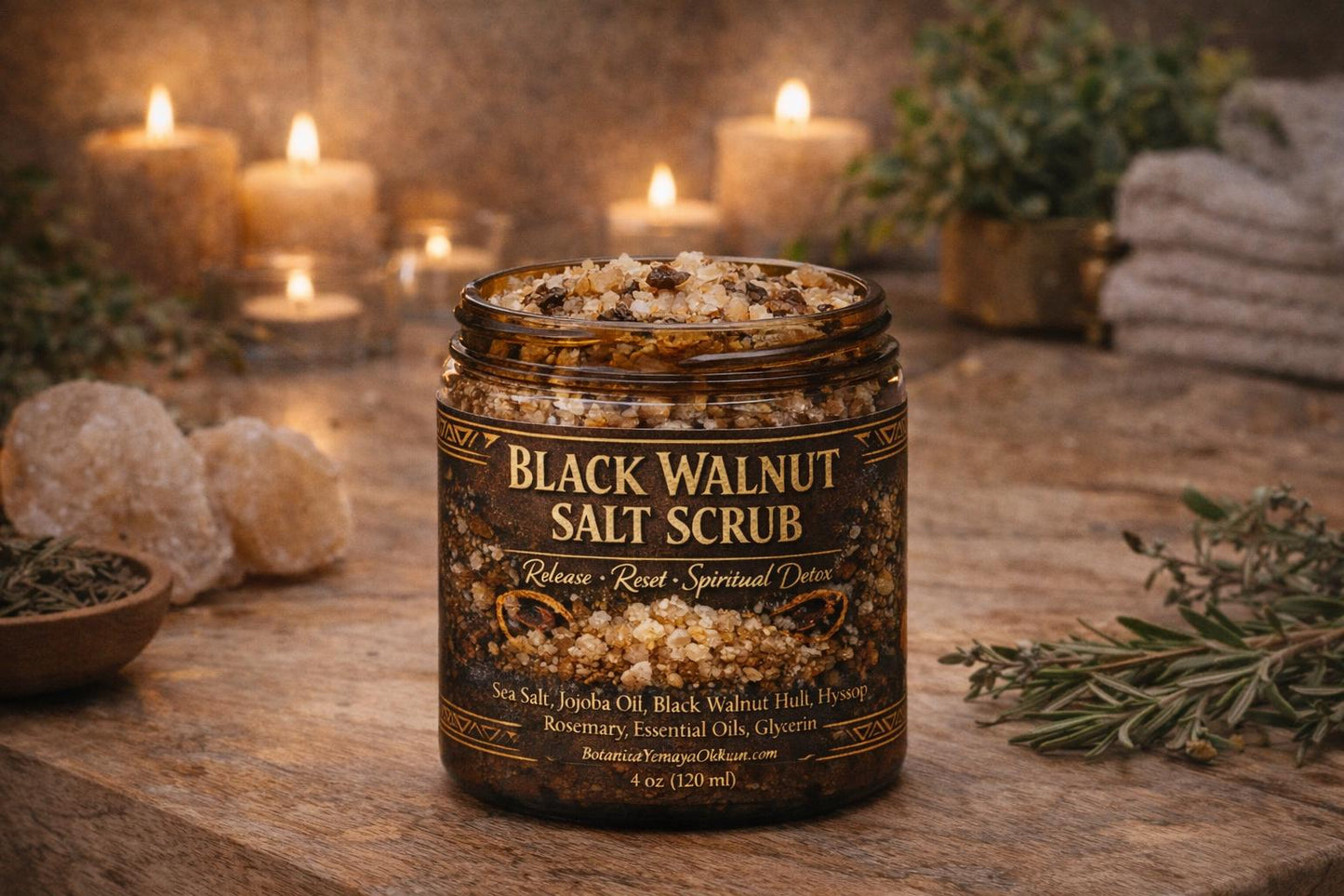 Black Walnut Salt Scrub – Uncrossing Body Scrub | Release Ritual Bath Scrub | Aura Cleansing Detox | 8oz 16oz