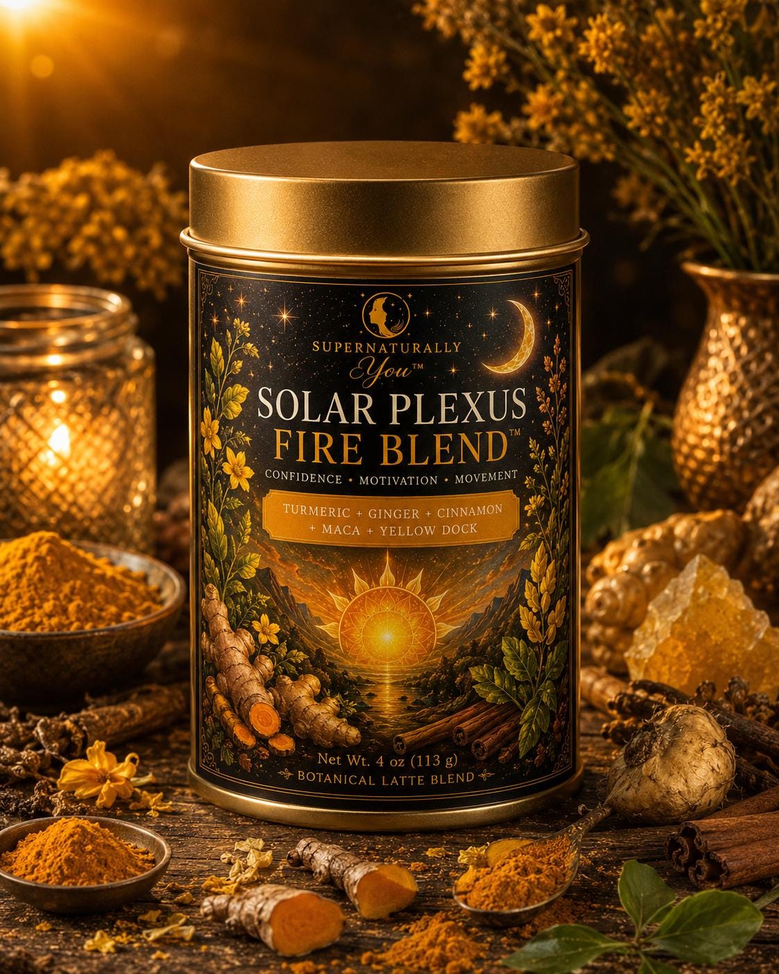 Solar Plexus Fire Blend | Supernaturally You | Turmeric Matcha Latte | Maca Root Herbal Tea | Energy Confidence | Botanical Wellness Drink