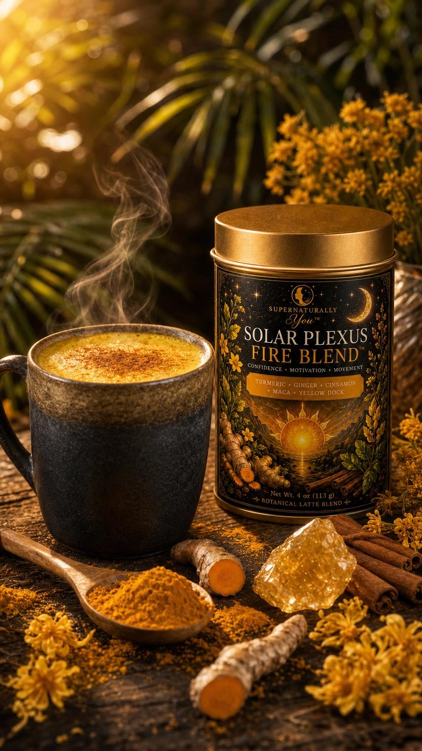 Solar Plexus Fire Blend | Supernaturally You | Turmeric Matcha Latte | Maca Root Herbal Tea | Energy Confidence | Botanical Wellness Drink