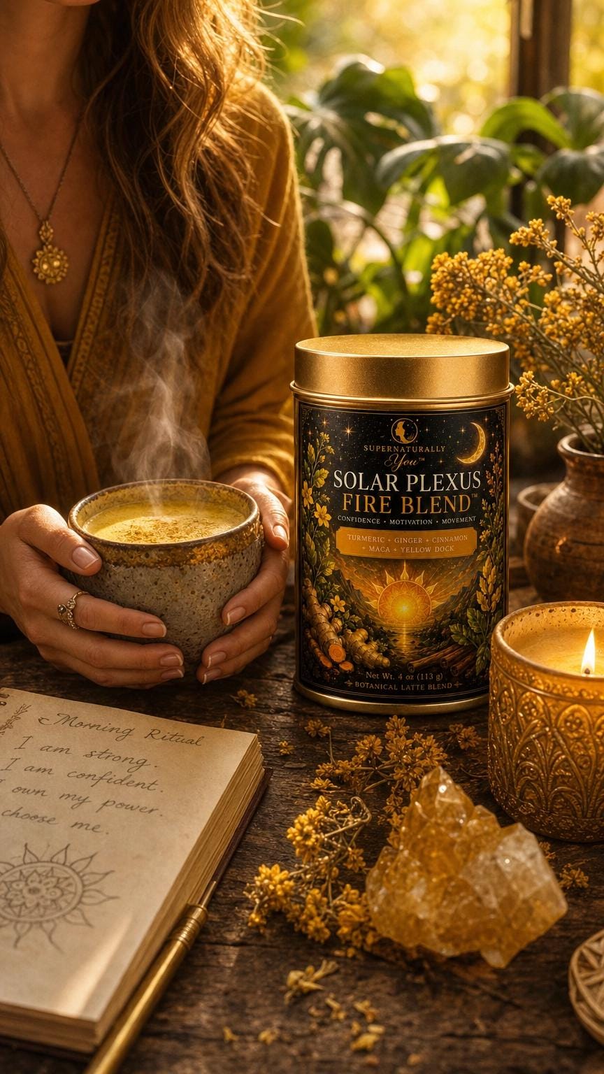 Solar Plexus Fire Blend | Supernaturally You | Turmeric Matcha Latte | Maca Root Herbal Tea | Energy Confidence | Botanical Wellness Drink