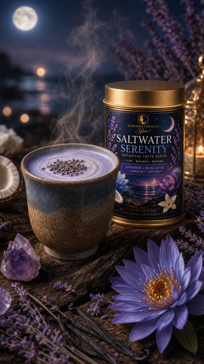 Saltwater Serenity | Supernaturally You | Blue Lotus Lavender Matcha | Calming Botanical Latte | Relaxation Spiritual Wellness Tea