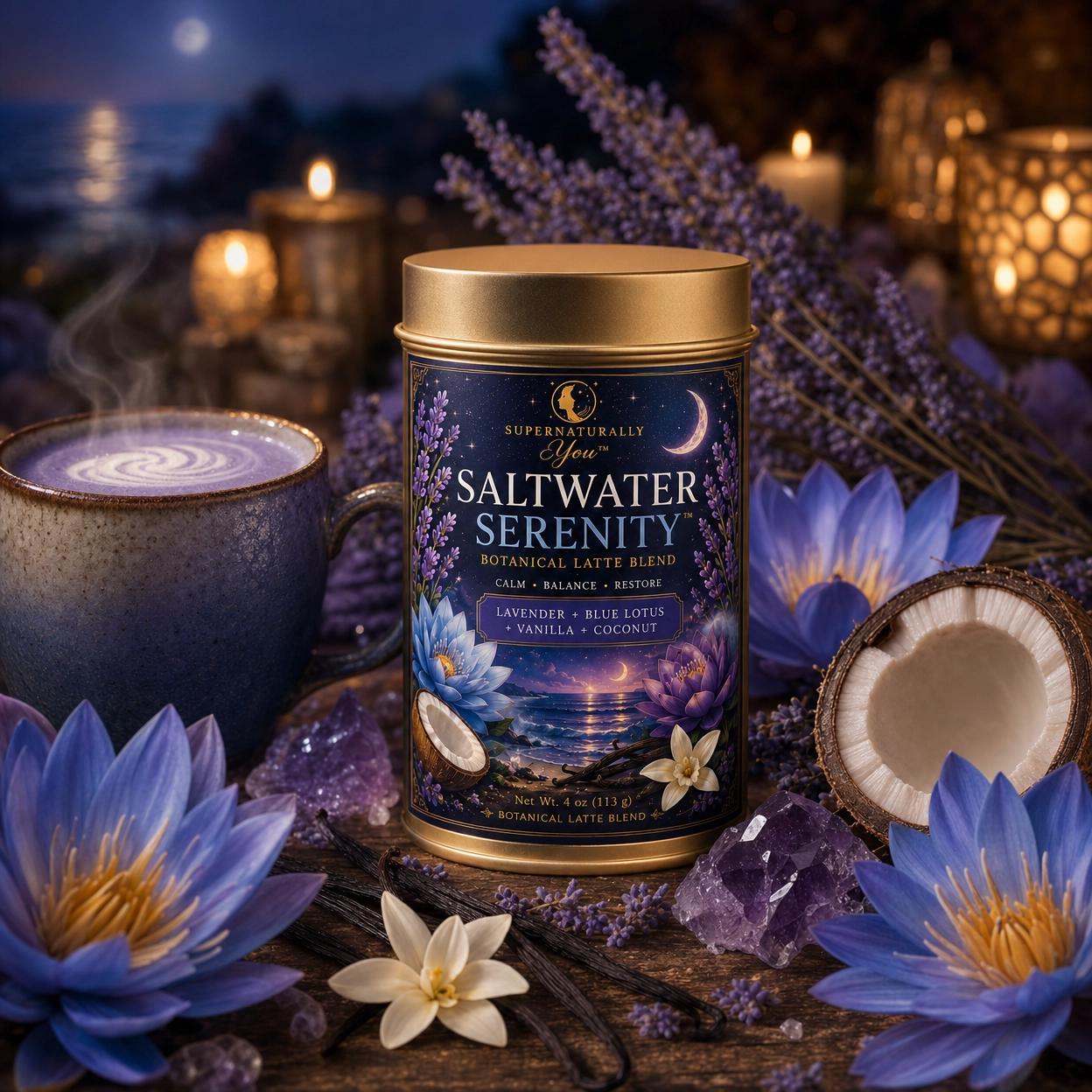 Saltwater Serenity | Supernaturally You | Blue Lotus Lavender Matcha | Calming Botanical Latte | Relaxation Spiritual Wellness Tea