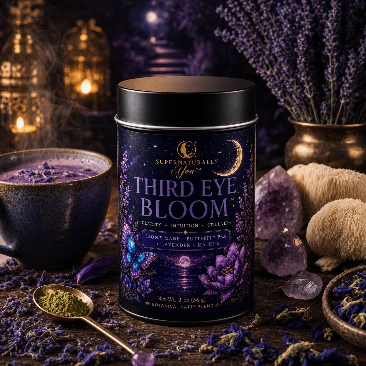 Third Eye Bloom | Supernaturally You | Blue Lotus Lions Mane Matcha | Focus Intuition | Botanical Latte | Spiritual Wellness Tea