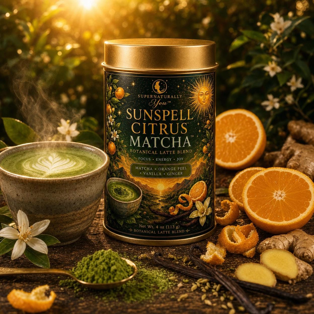 SunSpell Citrus Matcha | Supernaturally You | Orange Ginger Botanical Latte | Energy Focus Joy | Spiritual Wellness | Morning Ritual Tea