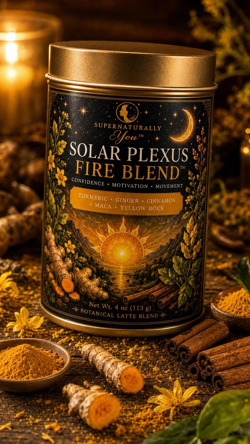 Solar Plexus Fire Blend | Supernaturally You | Turmeric Matcha Latte | Maca Root Herbal Tea | Energy Confidence | Botanical Wellness Drink
