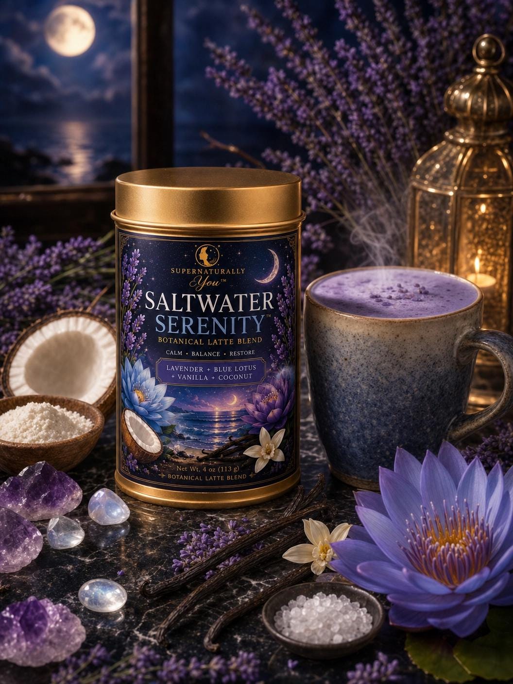 Saltwater Serenity | Supernaturally You | Blue Lotus Lavender Matcha | Calming Botanical Latte | Relaxation Spiritual Wellness Tea