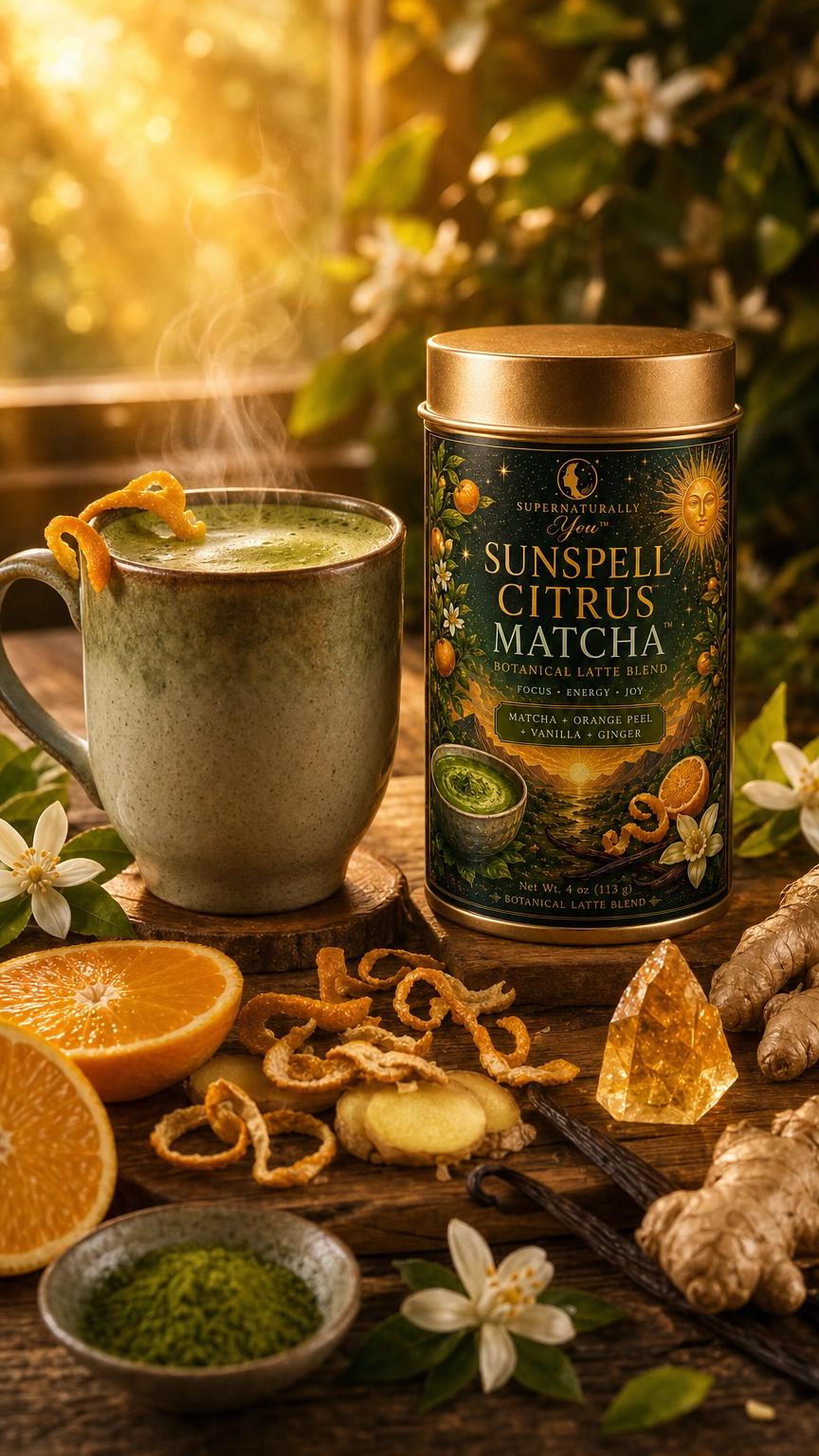 SunSpell Citrus Matcha | Supernaturally You | Orange Ginger Botanical Latte | Energy Focus Joy | Spiritual Wellness | Morning Ritual Tea